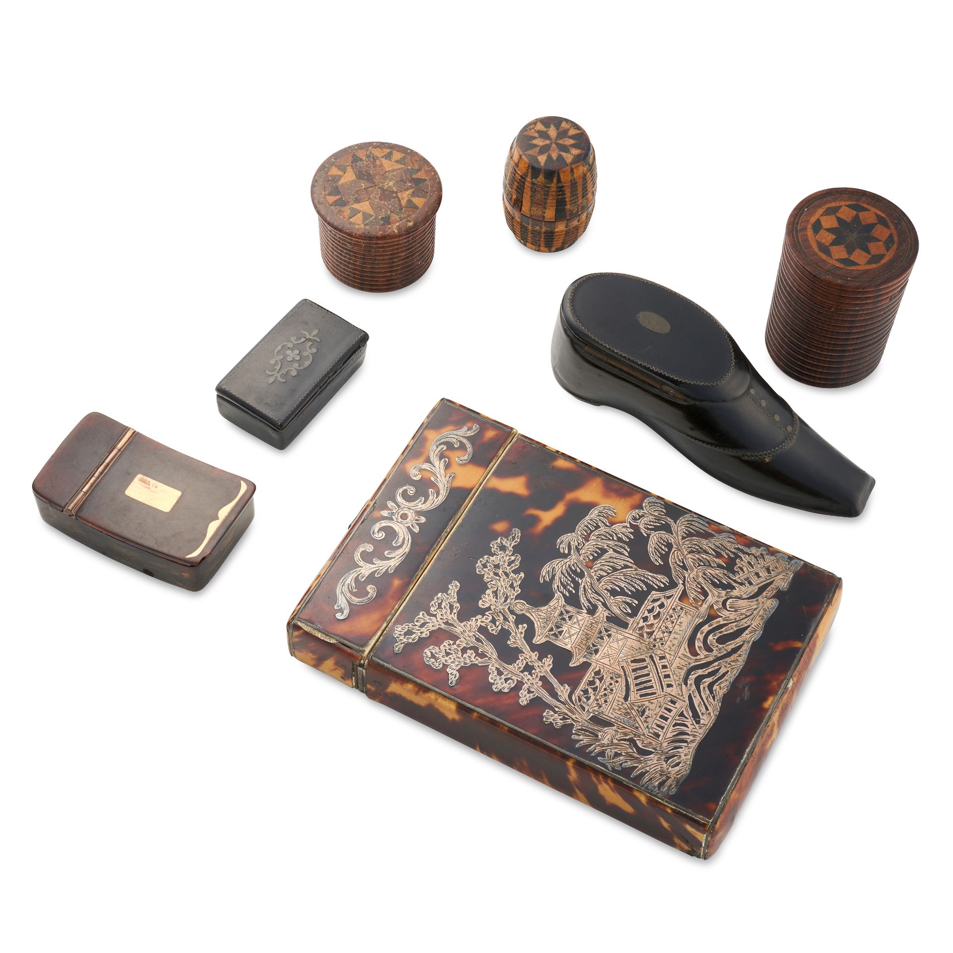 NO RESERVE - A COLLECTION OF ANTIQUE CASES AND SNUFF BOXES comprising three carved wood pots, a h...