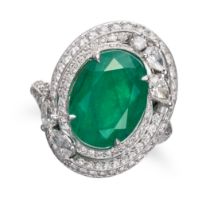 GRAFF, AN EMERALD AND DIAMOND DRESS RING set with an oval cut emerald of 7.18 carats, in a border...