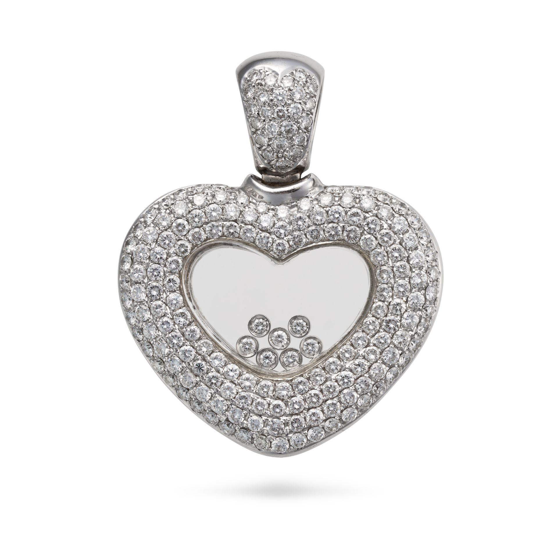 A DIAMOND HEART PENDANT the pendant designed as a heart with five free moving round brilliant cut...