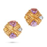 A PAIR OF GEMSET CLIP EARRINGS each set with cabochon synthetic purple sapphires and a pear cut s...