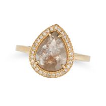 A DIAMOND RING set with a central pear shape rose cut diamond, surrounded by a cluster of round c...
