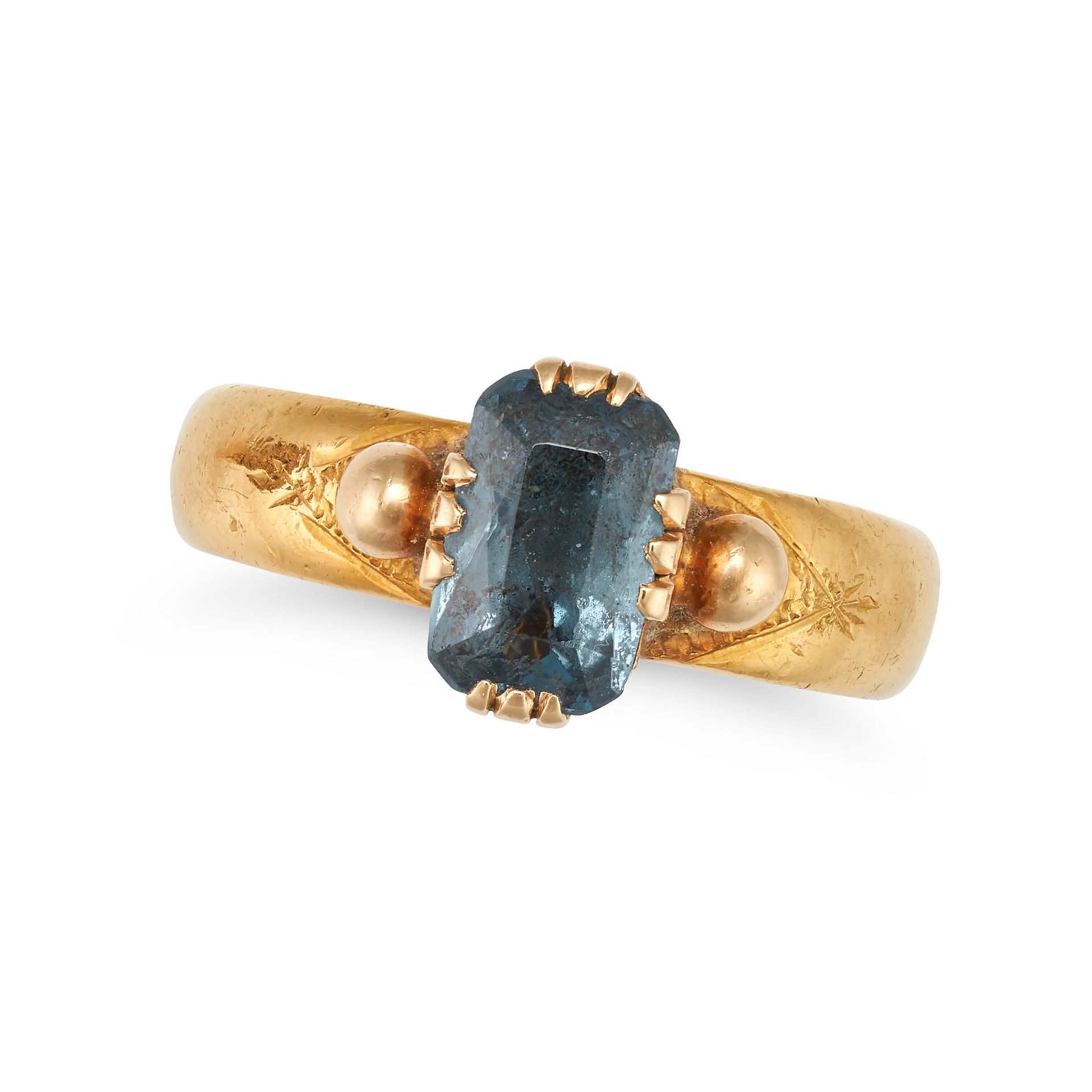A BLUE SPINEL RING in 23ct yellow gold, set with a cushion cut blue spinel, inscribed 'PL Mor 193...