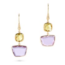 A PAIR OF LEMON QUARTZ AND AMETHYST DROP EARRINGS each set with a fancy cut lemon quartz suspendi...