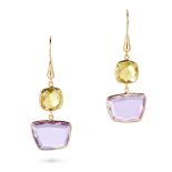 A PAIR OF LEMON QUARTZ AND AMETHYST DROP EARRINGS each set with a fancy cut lemon quartz suspendi...