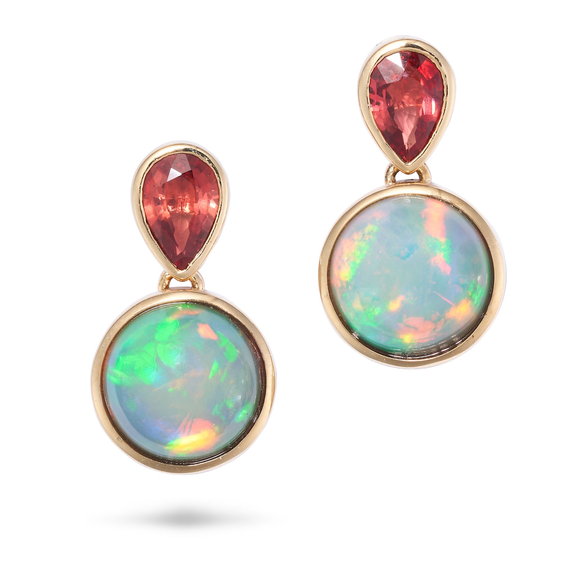 A PAIR OF ORANGE SAPPHIRE AND OPAL DROP EARRINGS each set with a pear cut orange sapphire suspend...