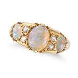 AN ANTIQUE OPAL AND DIAMOND RING in 18ct yellow gold, set with three cabochon opals accented by o...