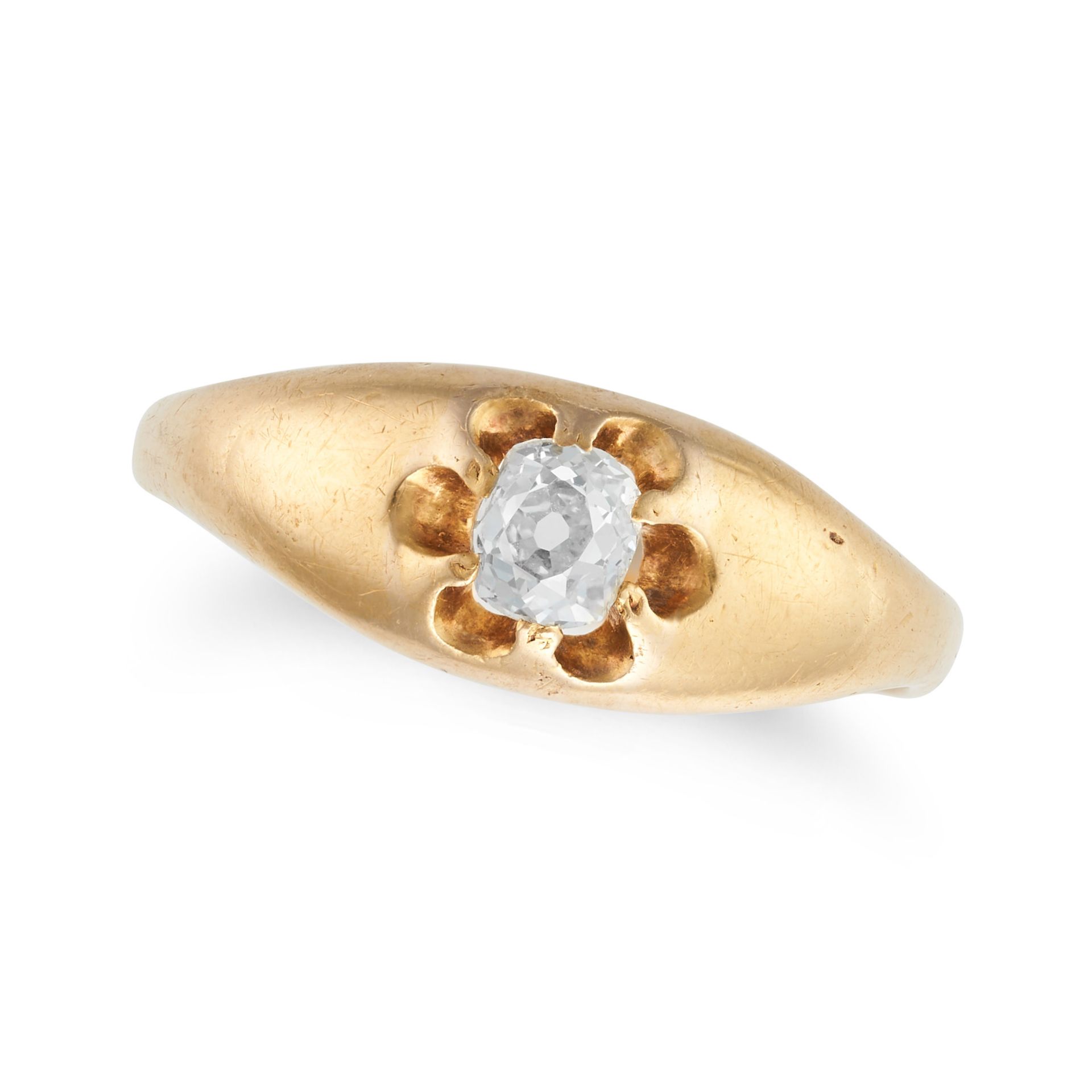 AN ANTIQUE DIAMOND BELCHER RING in high carat yellow gold, set with an old cut diamond, no assay ...