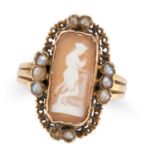 AN ANTIQUE SHELL AND PEARL CAMEO RING in yellow gold, set with a shell cameo carved to depict a m...
