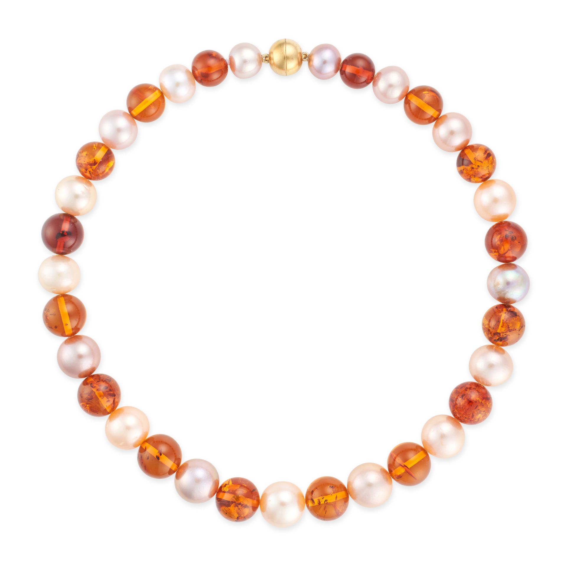 A PEARL AND AMBER NECKLACE comprising a single row of alternating pearls and amber beads, stamped...