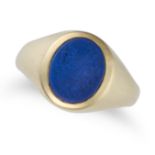 A LAPIS LAZULI RING set with an oval polished lapis lazuli, stamped 585, size O1/2 / 7.5, 7.6g.