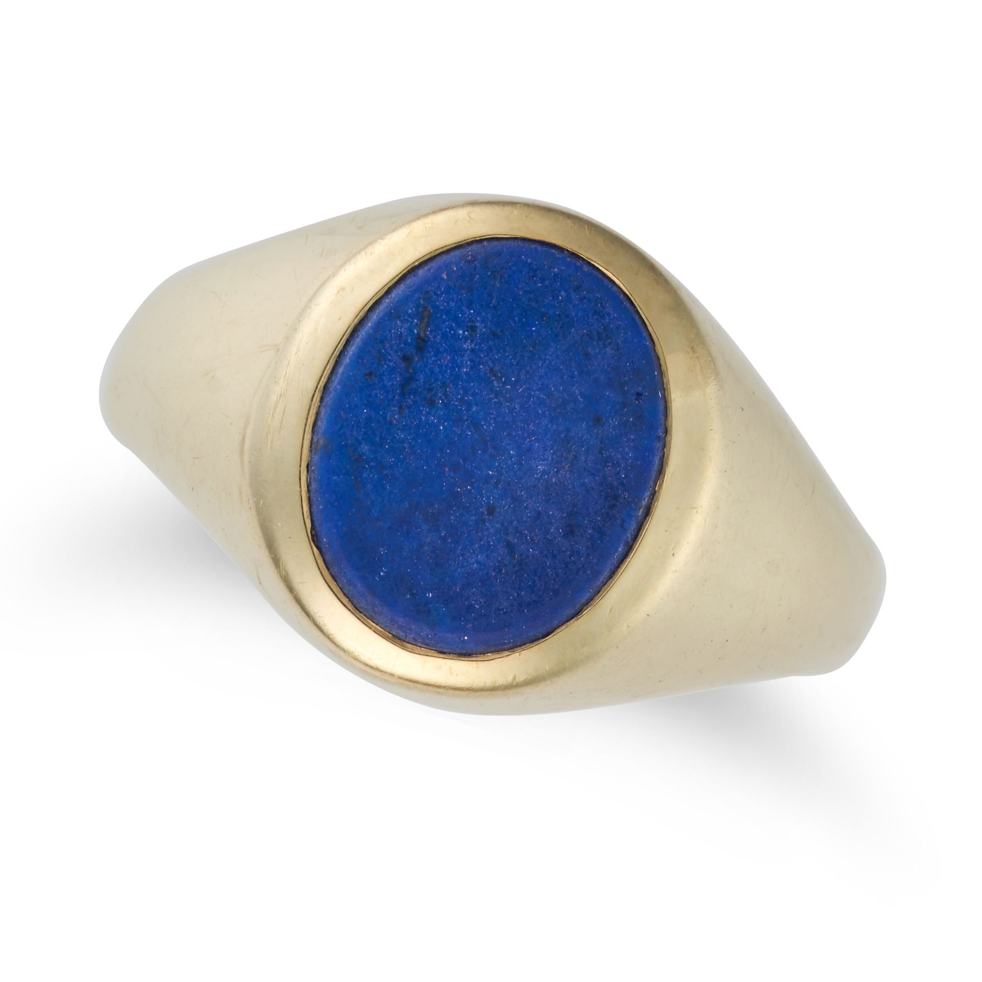 A LAPIS LAZULI RING set with an oval polished lapis lazuli, stamped 585, size O1/2 / 7.5, 7.6g.