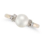 A PEARL AND DIAMOND RING in 9ct yellow gold, set with a pearl accented by six round cut diamonds,...