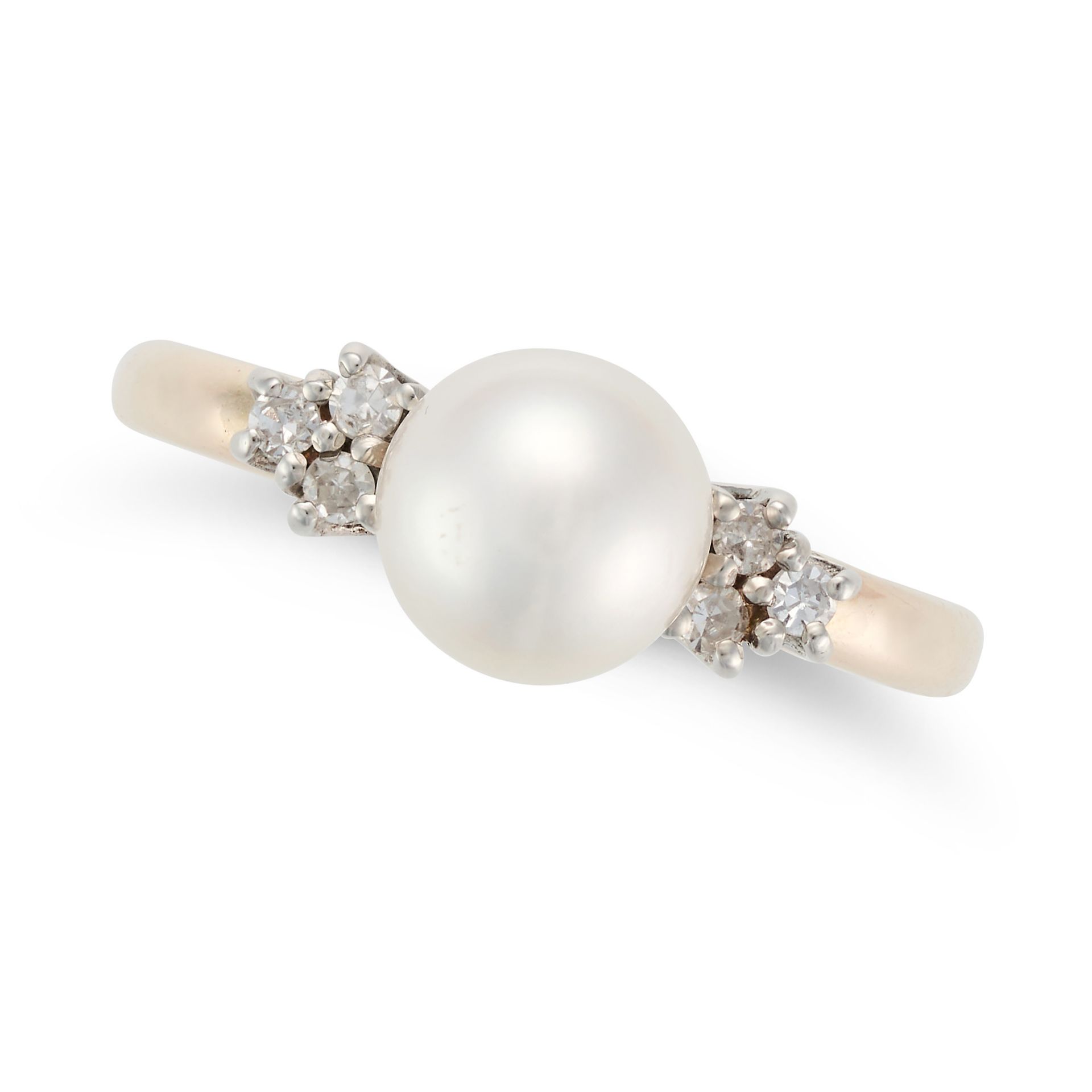 A PEARL AND DIAMOND RING in 9ct yellow gold, set with a pearl accented by six round cut diamonds,...