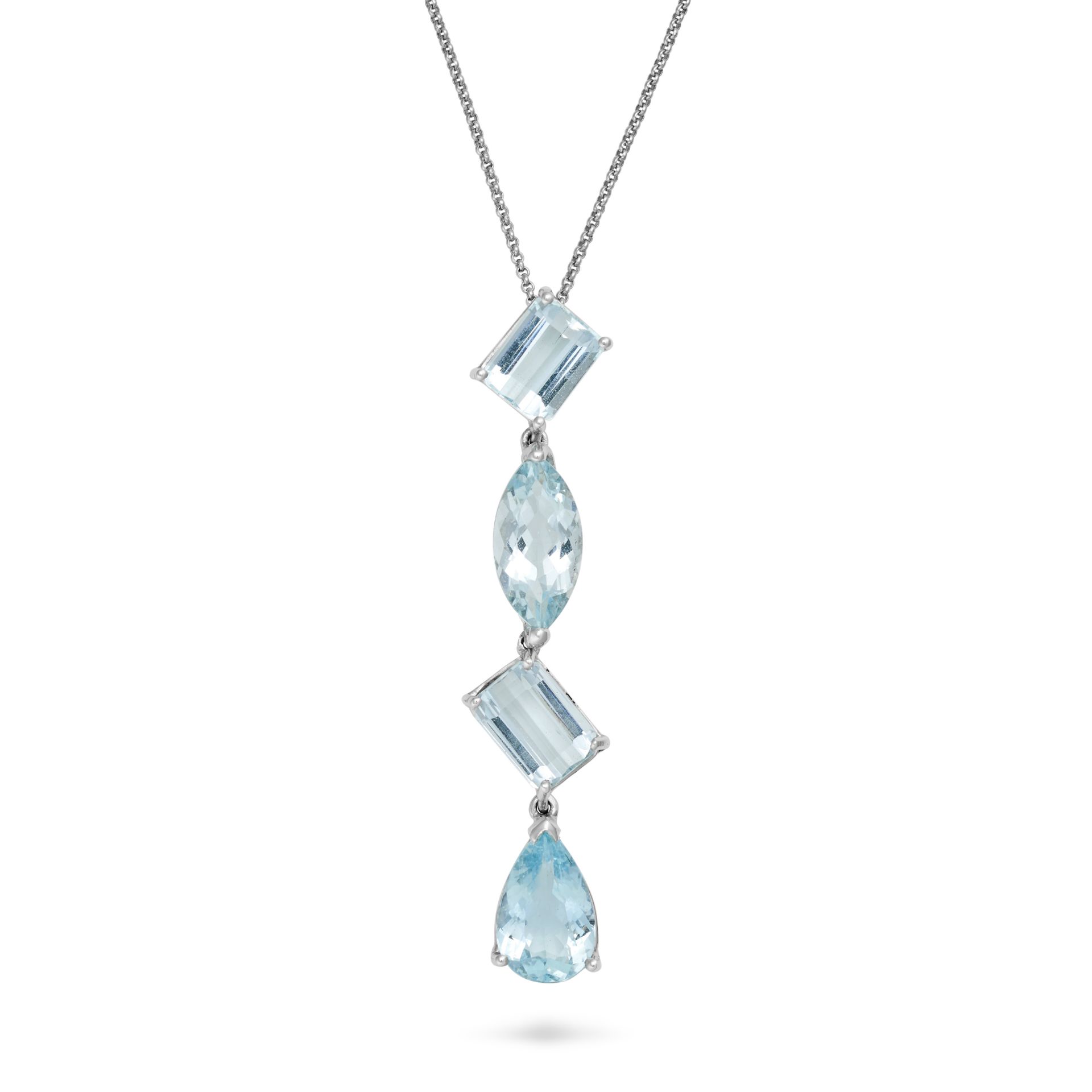 AN AQUAMARINE NECKLACE the pendant set with a row of octagonal step, marquise and pear cut aquama...