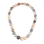 A MULTICOLOUR SOUTH SEA PEARL NECKLACE comprising a single row of graduating chocolate, peach, gr...