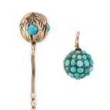 NO RESERVE - AN ANTIQUE TURQUOISE STICK PIN AND PENDANT the stick pin designed as a sphere set wi...