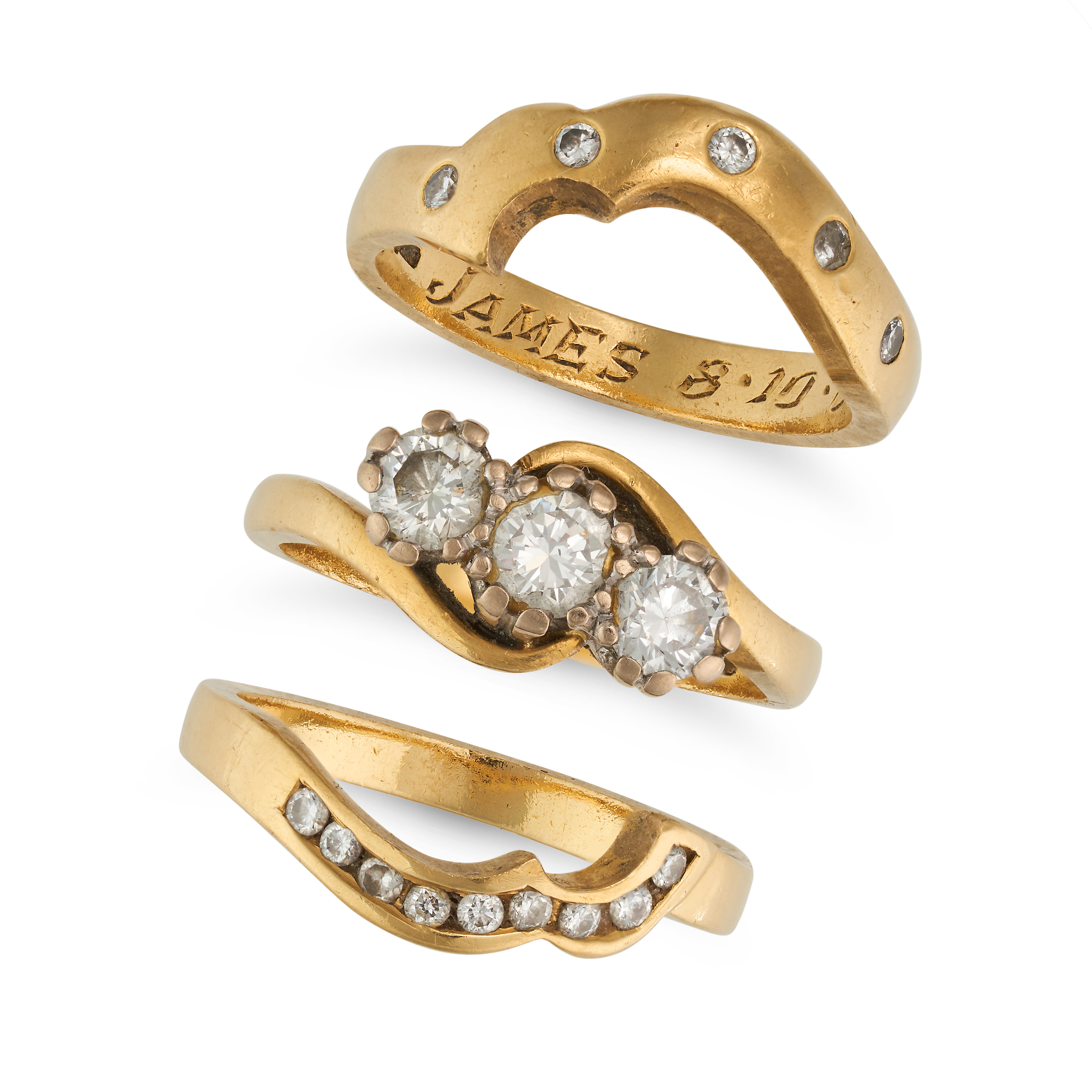 THREE DIAMOND STACKING RINGS in 18ct yellow gold, comprising a three stone diamond ring and two c... - Image 2 of 2