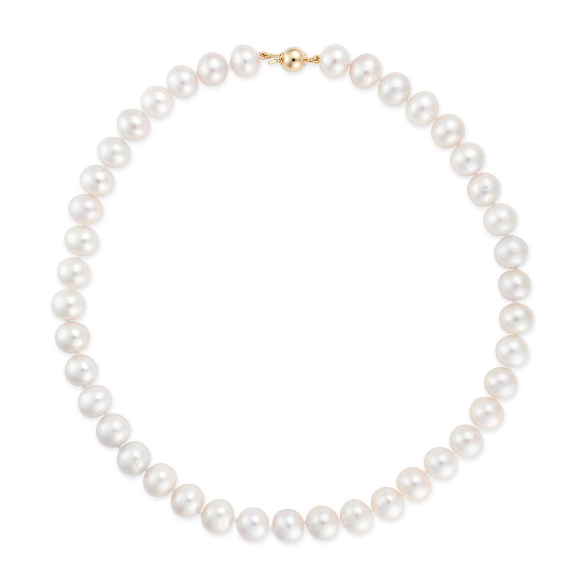 A PEARL NECKLACE comprising a single row of pearls, stamped 375, 46.0cm, 69.0g.