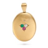 AN ANTIQUE DIAMOND, RUBY AND EMERALD LOCKET PENDANT in yellow gold, the hinged oval locket set wi...
