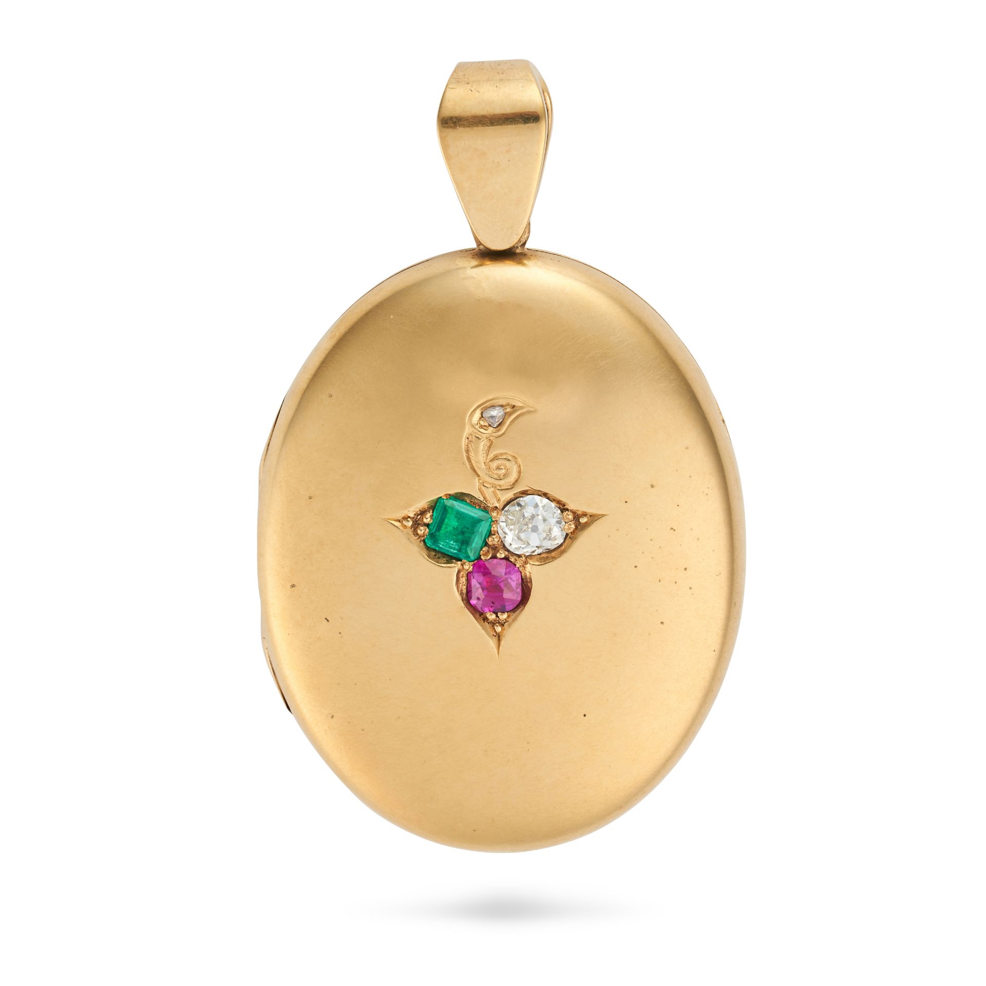 AN ANTIQUE DIAMOND, RUBY AND EMERALD LOCKET PENDANT in yellow gold, the hinged oval locket set wi...