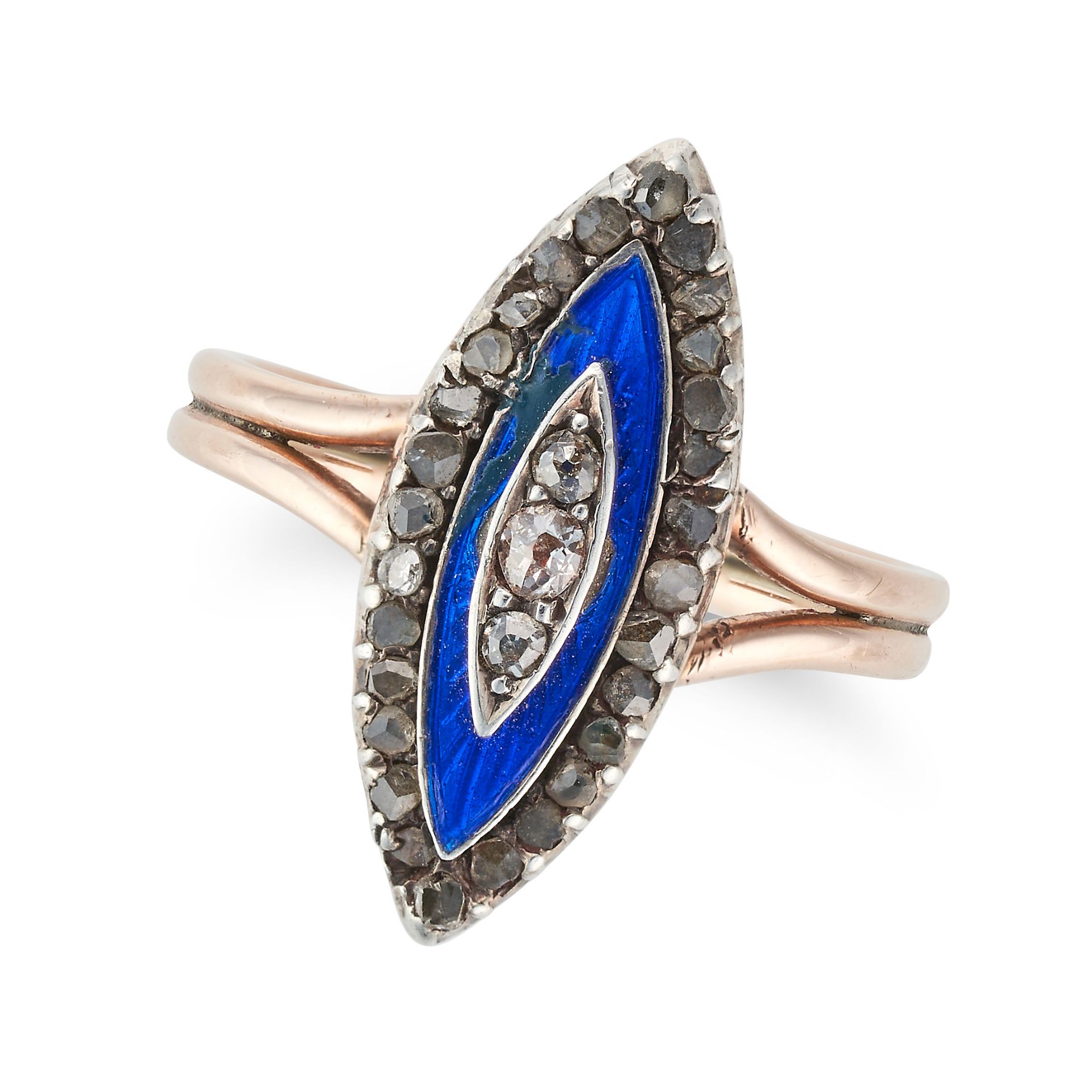 AN ANTIQUE DIAMOND AND ENAMEL NAVETTE RING in rose gold, the navette face set with rose cut diamo...