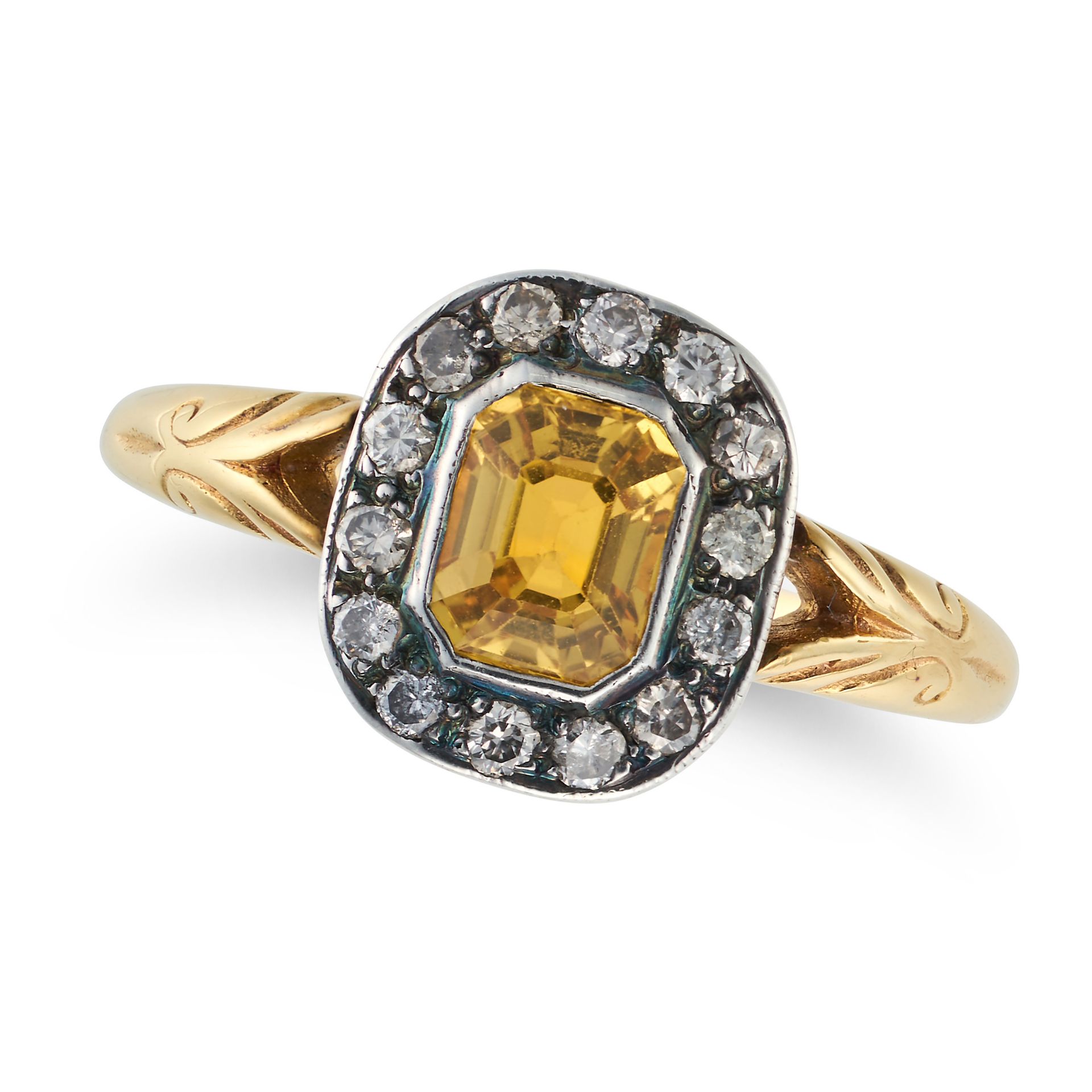 A YELLOW SAPPHIRE AND DIAMOND RING set with an octagonal step cut yellow sapphire in a border of ...