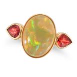 AN OPAL AND ORANGE SAPPHIRE RING set with a cabochon opal between two pear cut orange sapphires, ...