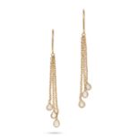 A PAIR OF DIAMOND DROP EARRINGS each set with three pear shaped rose cut diamonds, suspended on a...