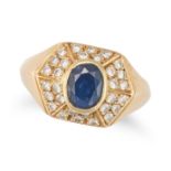 NO RESERVE - A SAPPHIRE AND DIAMOND RING in 18ct yellow gold, set with an oval cut sapphire in a ...