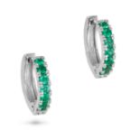 A PAIR OF EMERALD HUGGIE HOOP EARRINGS each designed as a hoop set with a row of round cut emeral...