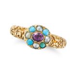 AN ANTIQUE AMETHYST, TURQUOISE AND PEARL RING in yellow gold, set with an oval cut amethyst in a ...