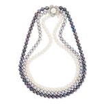 A MULTICOLOUR PEARL AND DIAMOND NECKLACE in 14ct white gold, comprising three rows of pearls incl...