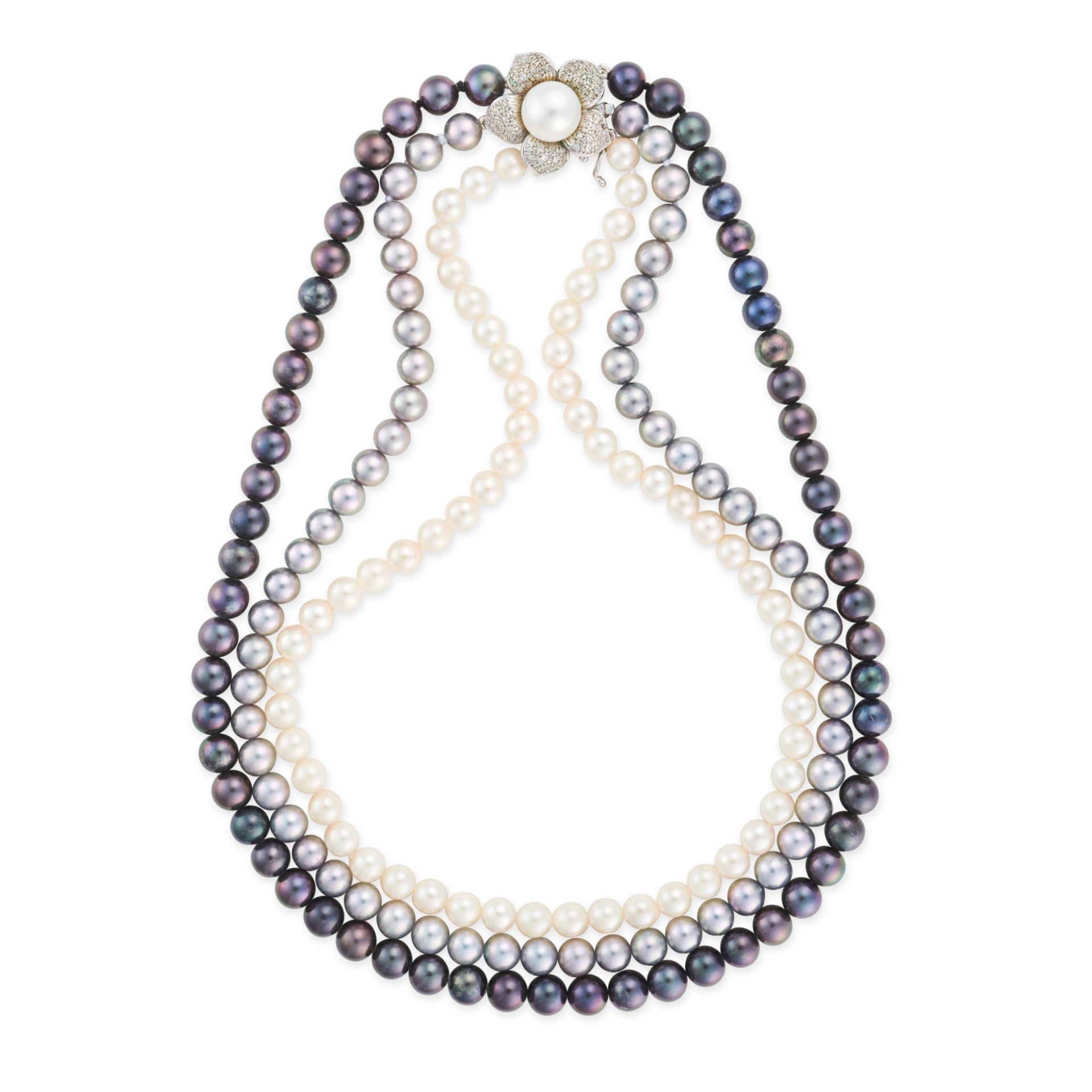 A MULTICOLOUR PEARL AND DIAMOND NECKLACE in 14ct white gold, comprising three rows of pearls incl...