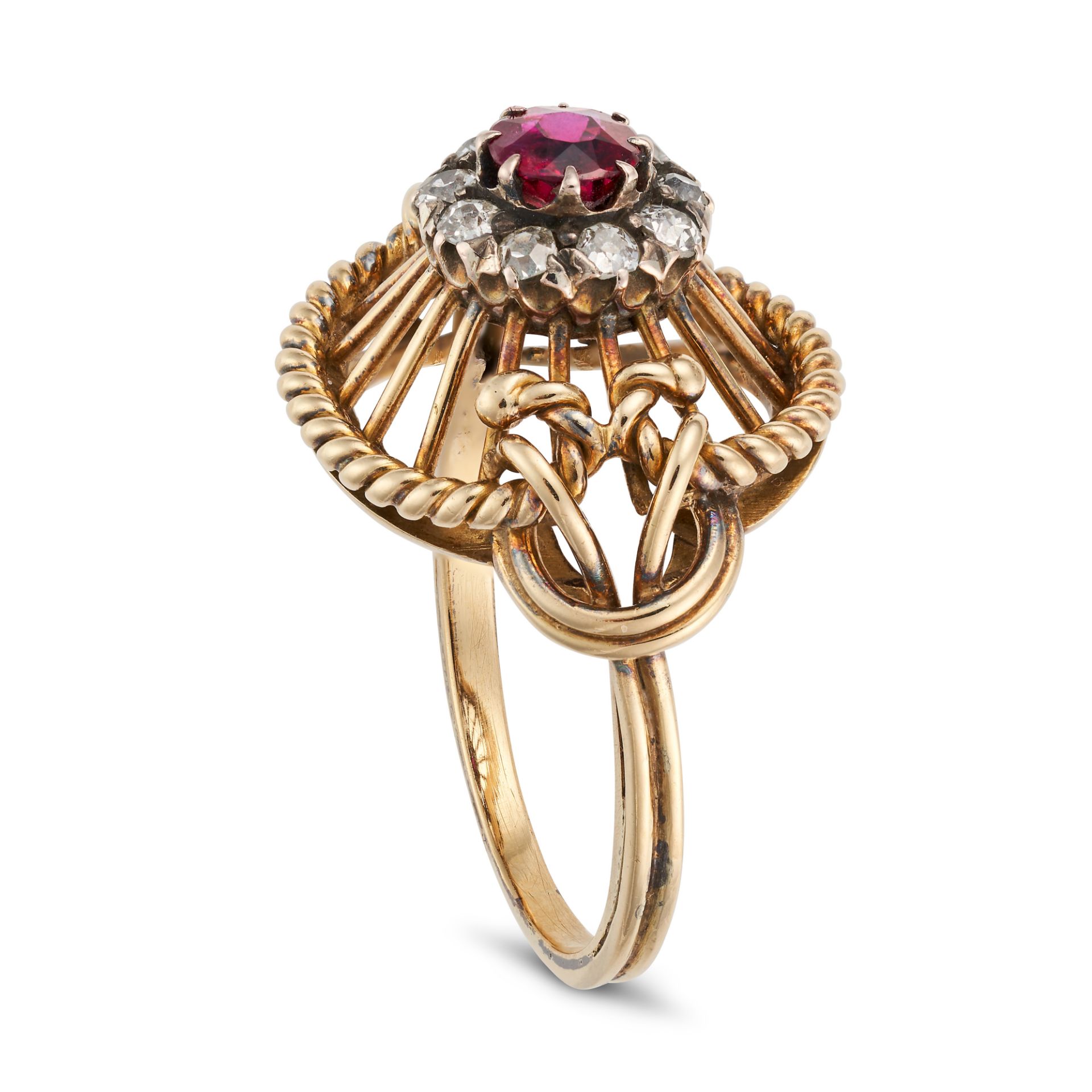 A VINTAGE RUBY AND DIAMOND RING in yellow gold, set with a round cut ruby in a cluster of old cut... - Image 2 of 2