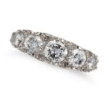 A DIAMOND FIVE STONE RING set with five round brilliant cut diamonds, accented by single cut diam...