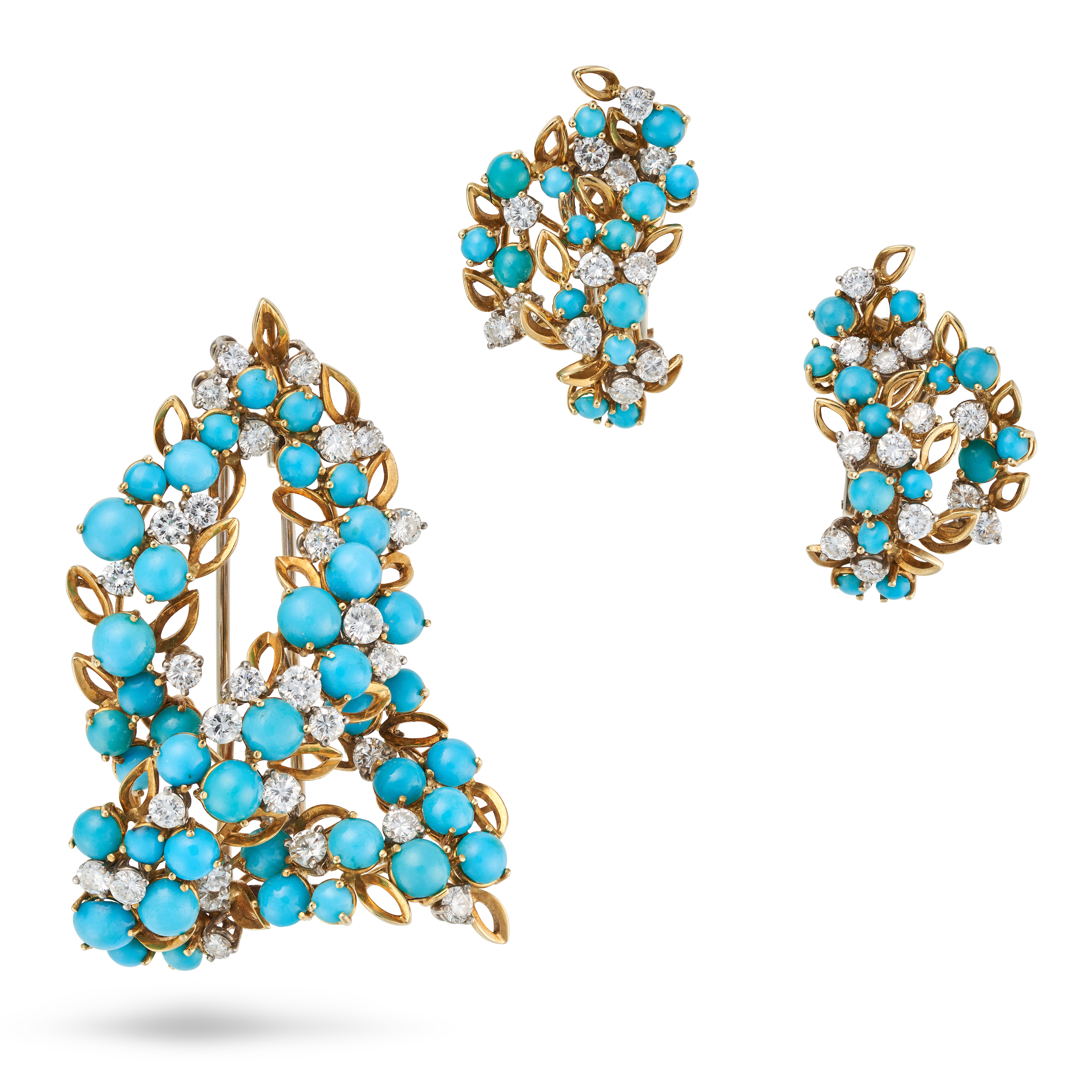 A VINTAGE TURQUOISE AND DIAMOND BROOCH AND EARRINGS SET, 1970S in 18ct yellow gold, the brooch in...