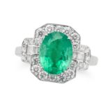 AN EMERALD AND DIAMOND DRESS RING set with an emerald of 2.75 carats in a border of round brillia...