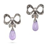 A PAIR OF AMETHYST AND DIAMOND BOW EARRINGS in silver, each comprising a bow motif set with round...