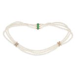 A PEARL, GREEN TOURMALINE AND DIAMOND NECKLACE comprising three rows of pearls accented by two fo...