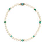 A PEARL AND TURQUOISE NECKLACE in 9ct yellow gold, comprising a row of pearls accented by polishe...