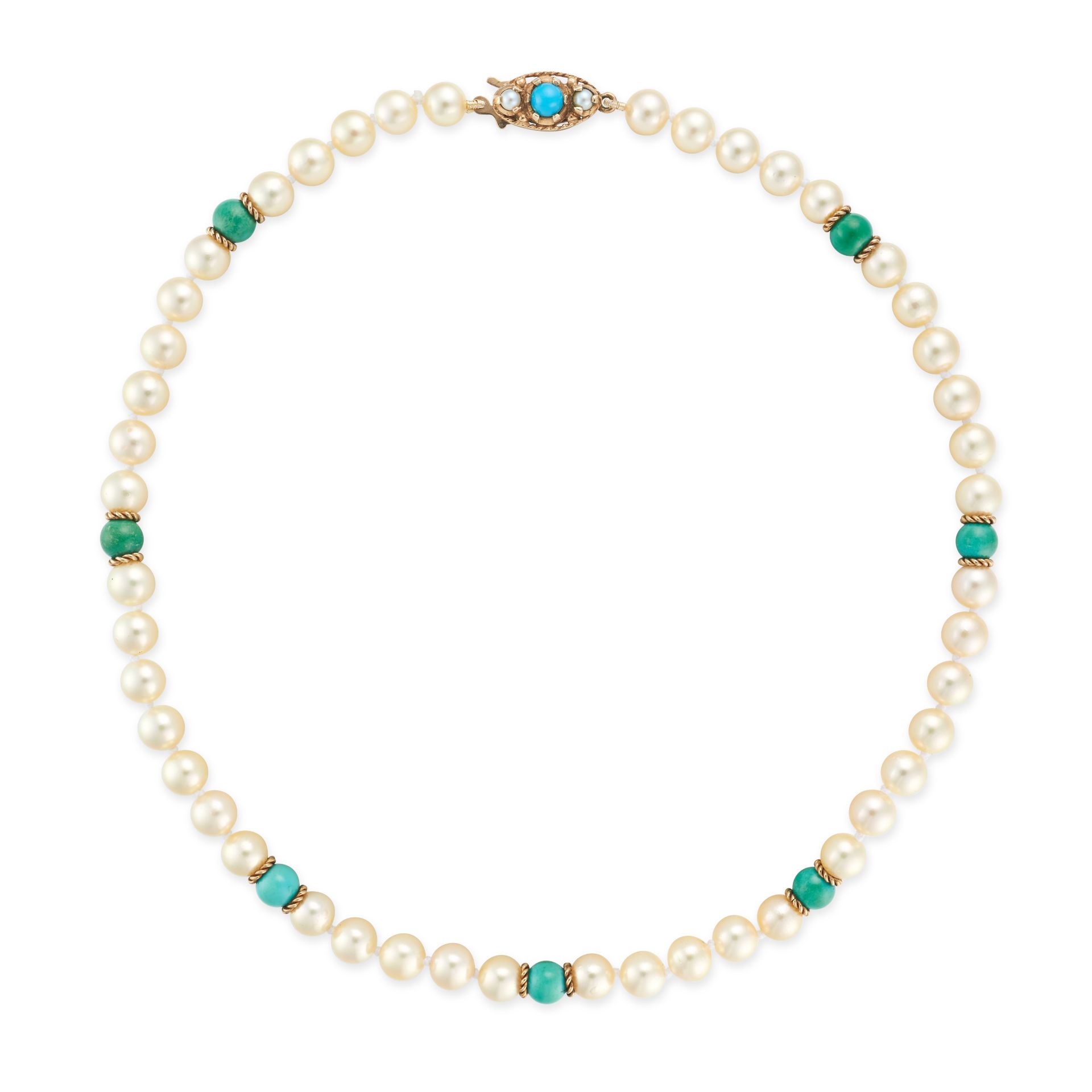 A PEARL AND TURQUOISE NECKLACE in 9ct yellow gold, comprising a row of pearls accented by polishe...