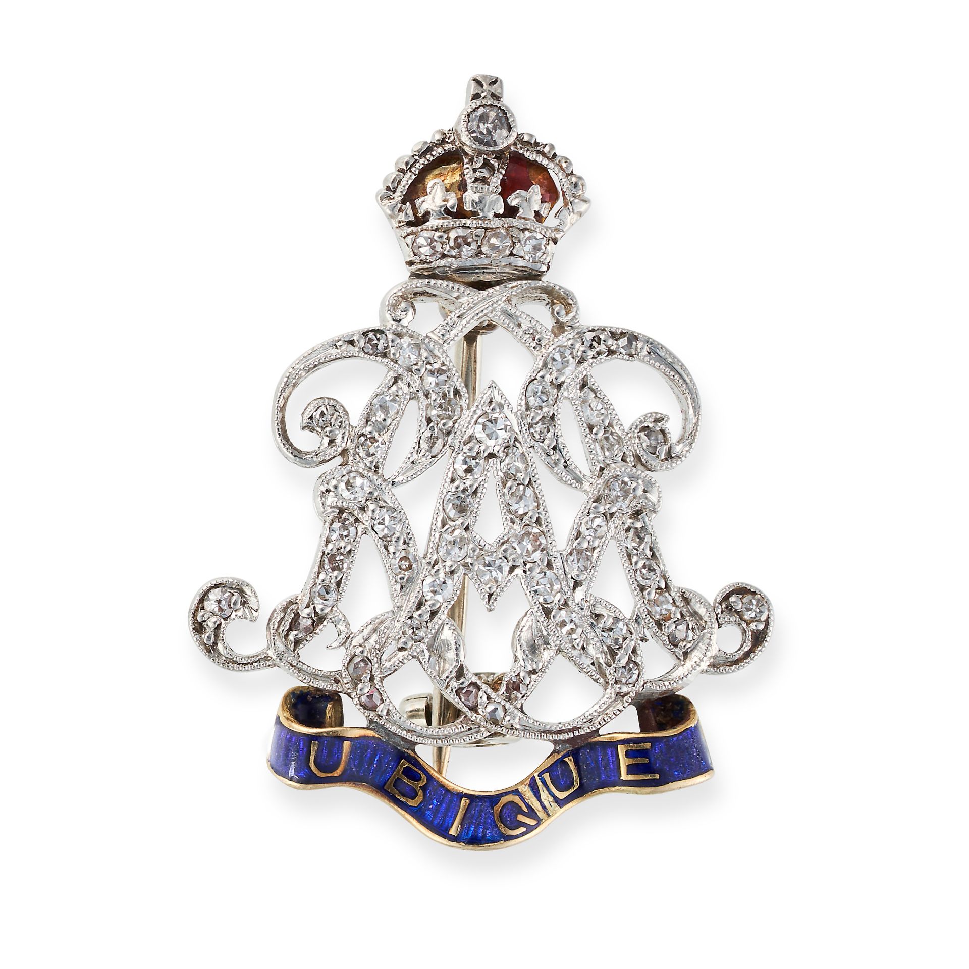 AN ANTIQUE DIAMOND AND ENAMEL REGIMENTAL BROOCH comprising initials RAR set with rose cut diamond...