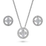 A DIAMOND PENDANT NECKLACE AND EARRINGS SUITE the circular pendant set with four round brilliant ...