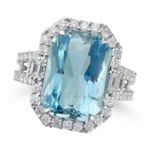 AN AQUAMARINE AND DIAMOND DRESS RING set with an octagonal step cut aquamarine of approximately 8...