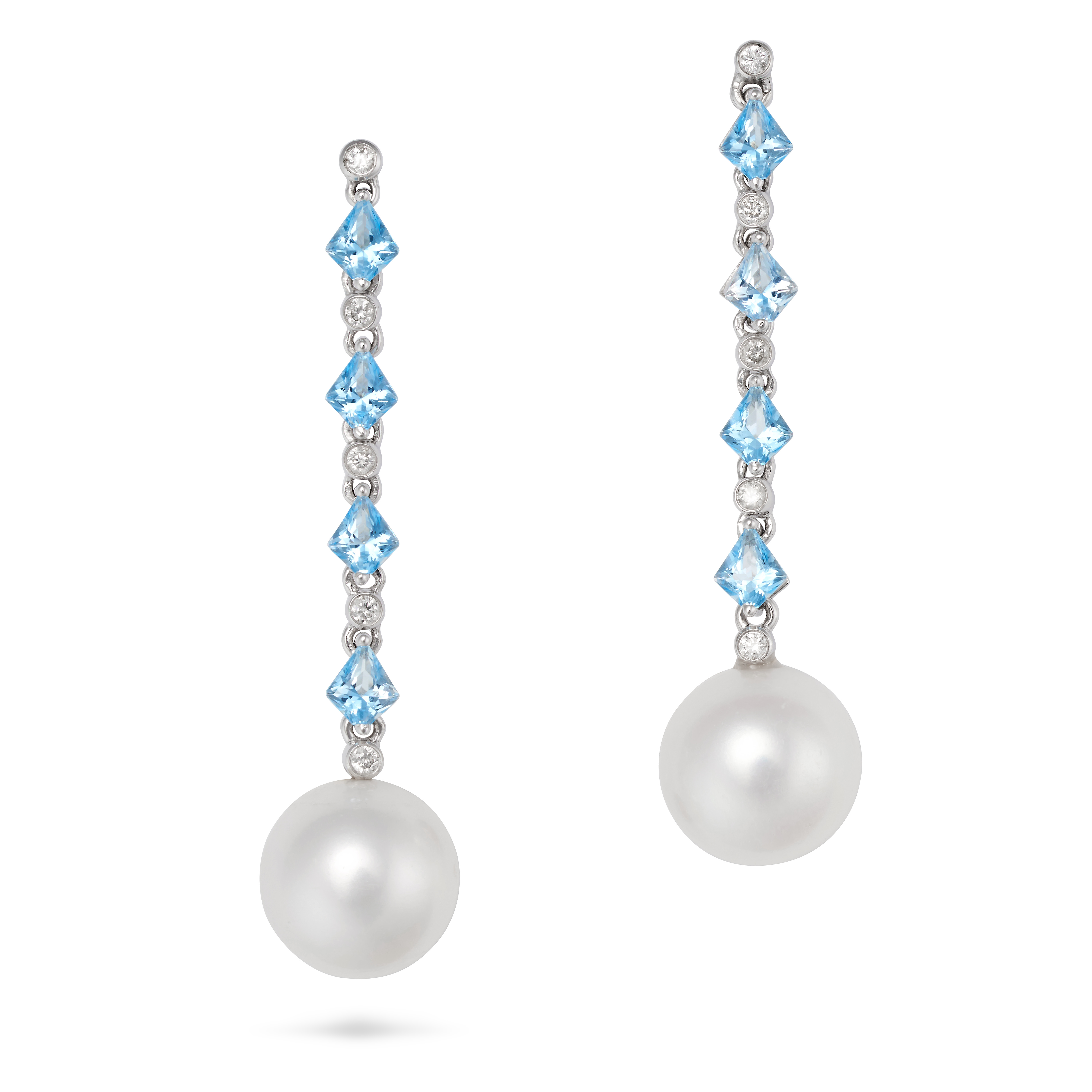 A PAIR OF BLUE TOPAZ, DIAMOND AND PEARL DROP EARRINGS each comprising a row of alternating fancy ...