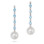 A PAIR OF BLUE TOPAZ, DIAMOND AND PEARL DROP EARRINGS each comprising a row of alternating fancy ...