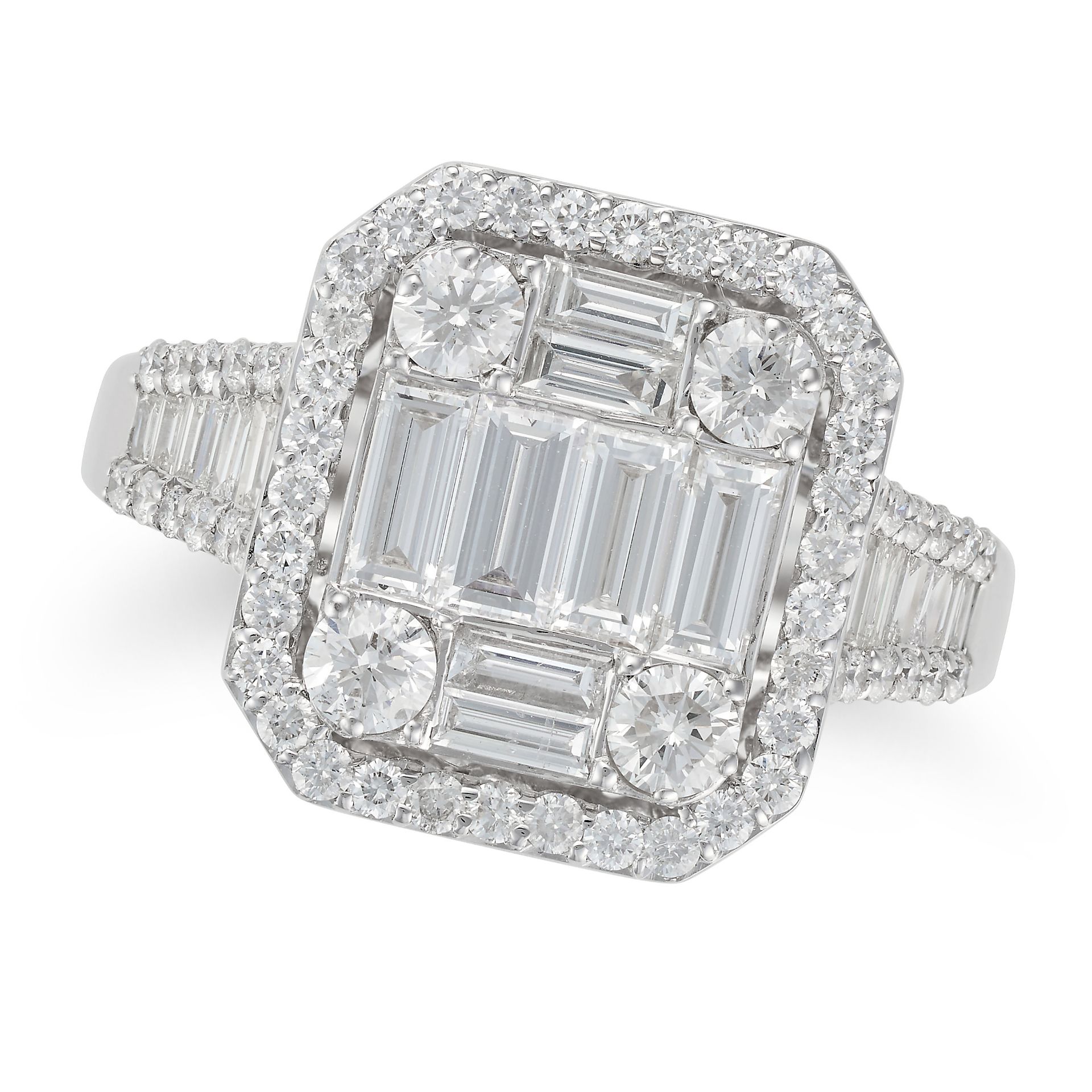 A DIAMOND DRESS RING set with a cluster of round brilliant and baguette cut diamonds in a border ...