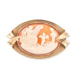 A CAMEO BROOCH the oval cameo carved to depict a classical woman playing a harp with a cherub pla...