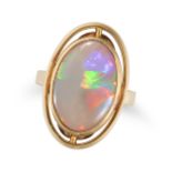 AN OPAL RING in 14ct yellow gold, set with a cabochon opal in a stylised border, London import ma...