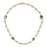 A GREEN TOURMALINE, PEARL AND ROCK CRYSTAL NECKLACE comprising a row of fancy links set with poli...